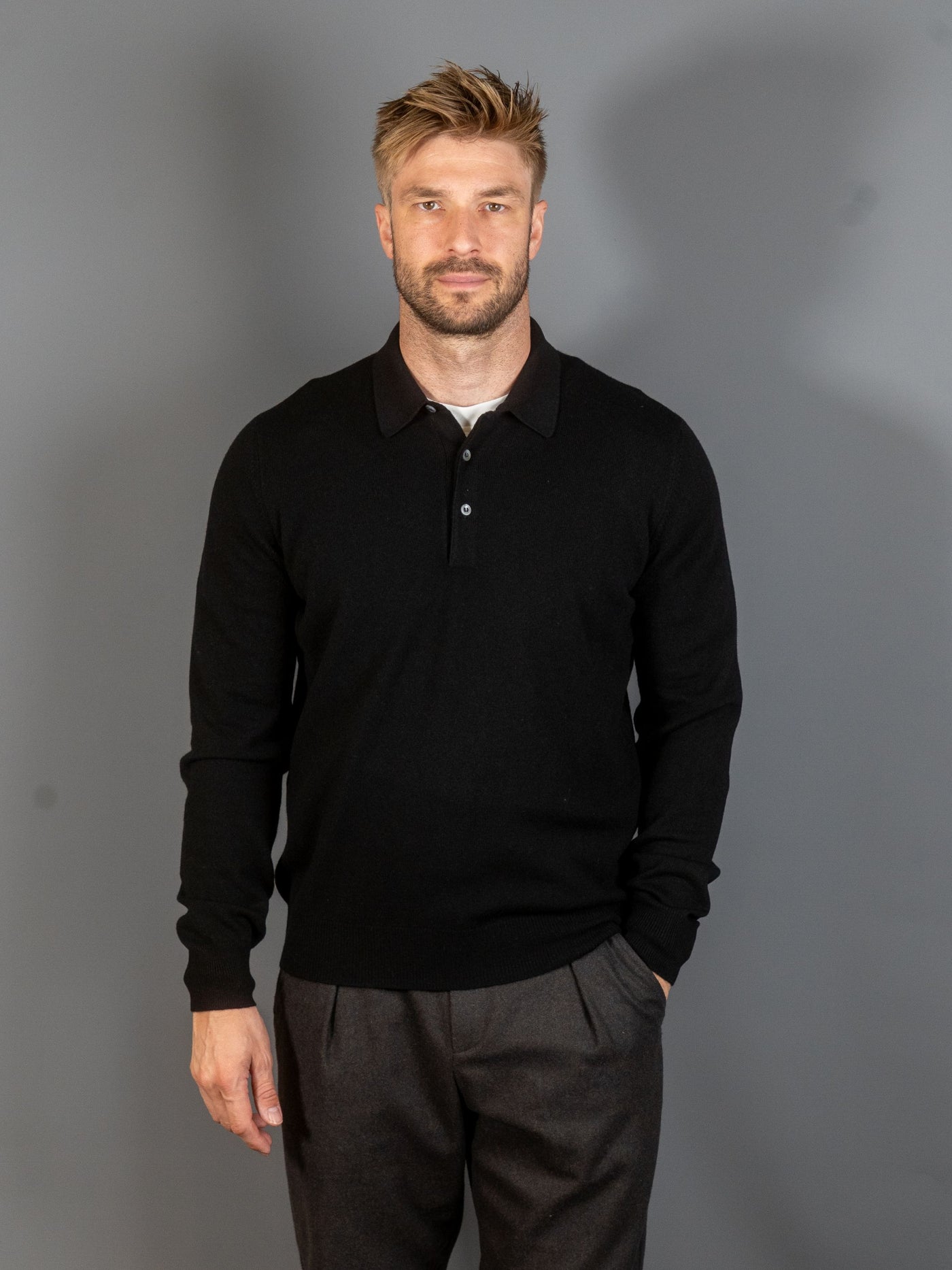 Longsleeve Knit Polo - Sort