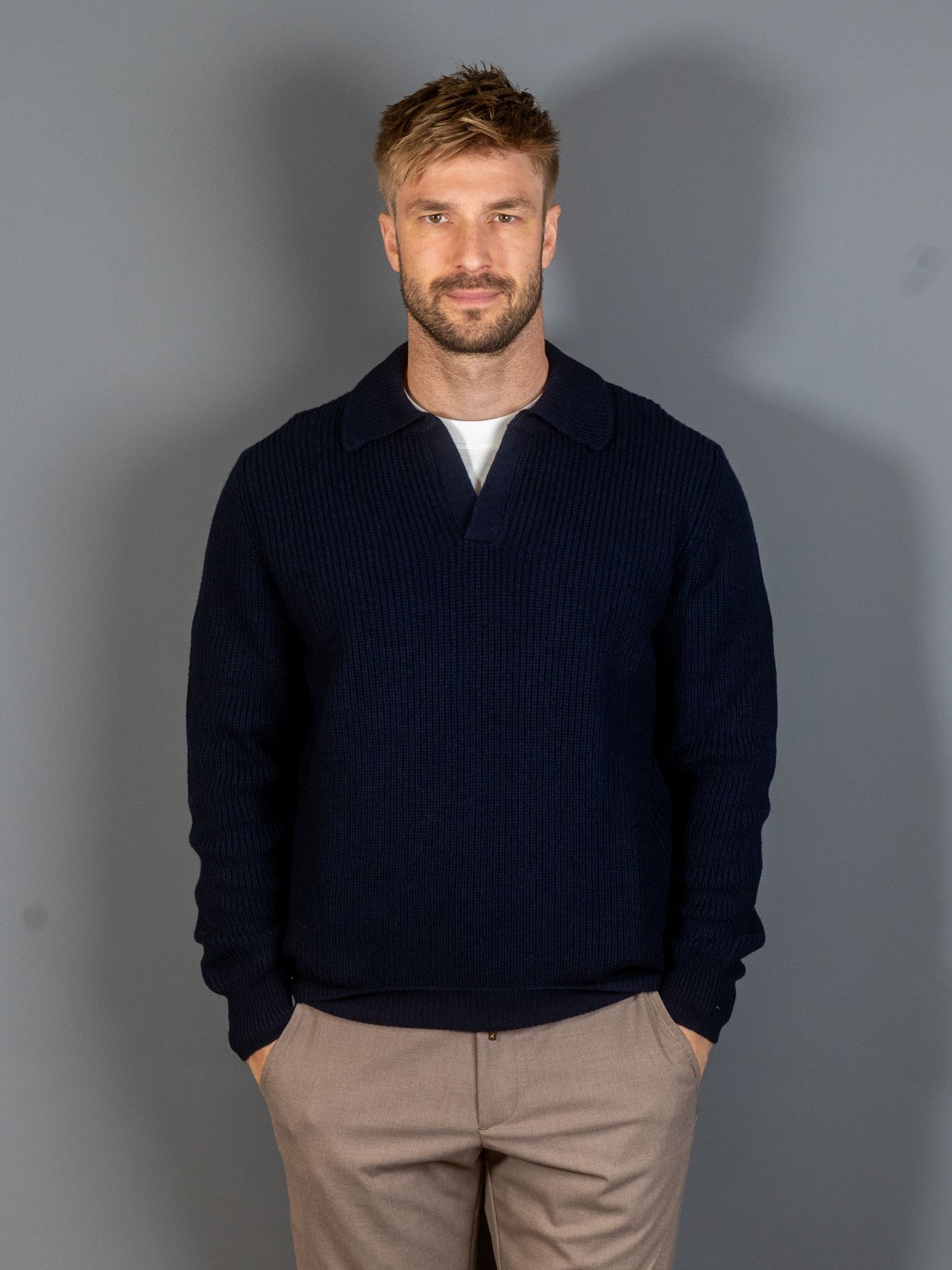 Rib Knit Skipper Polo Wool - Navy