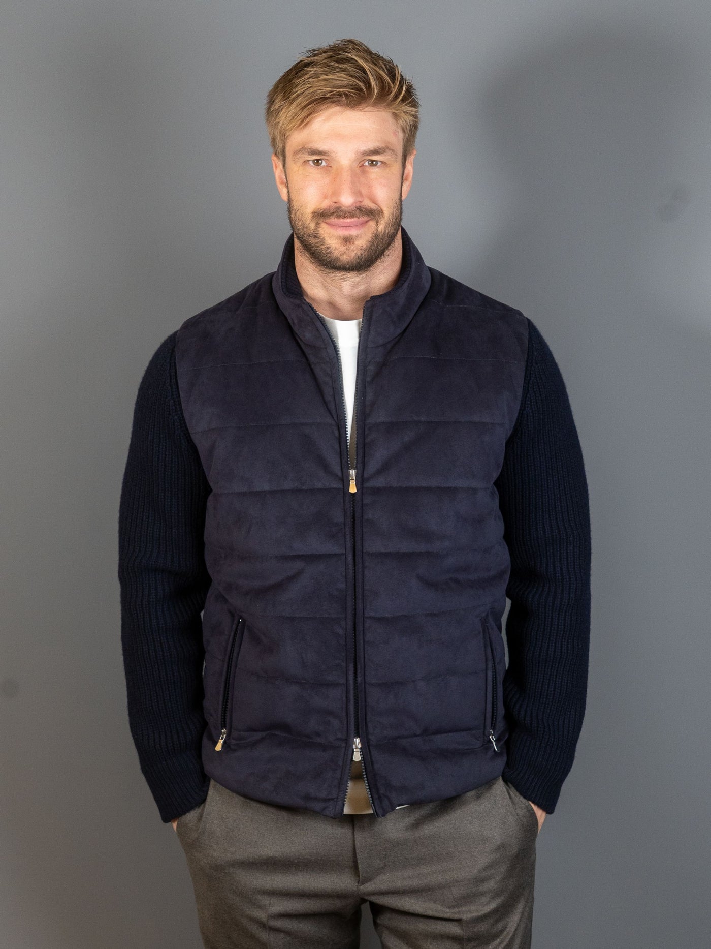 Padded Alcantara Hybrid Jacket - Navy