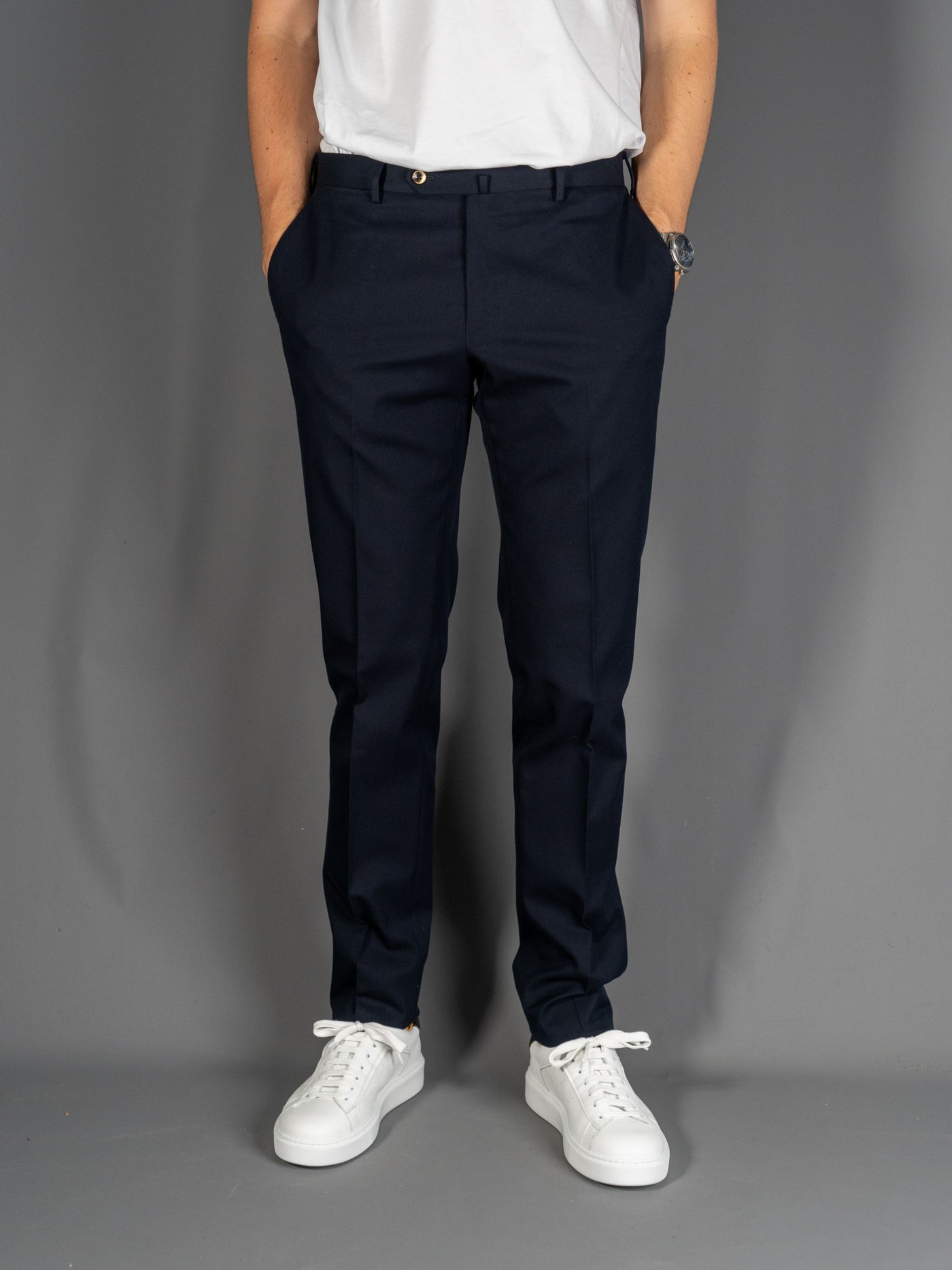 Structured Wool Cotton Pants - Navy