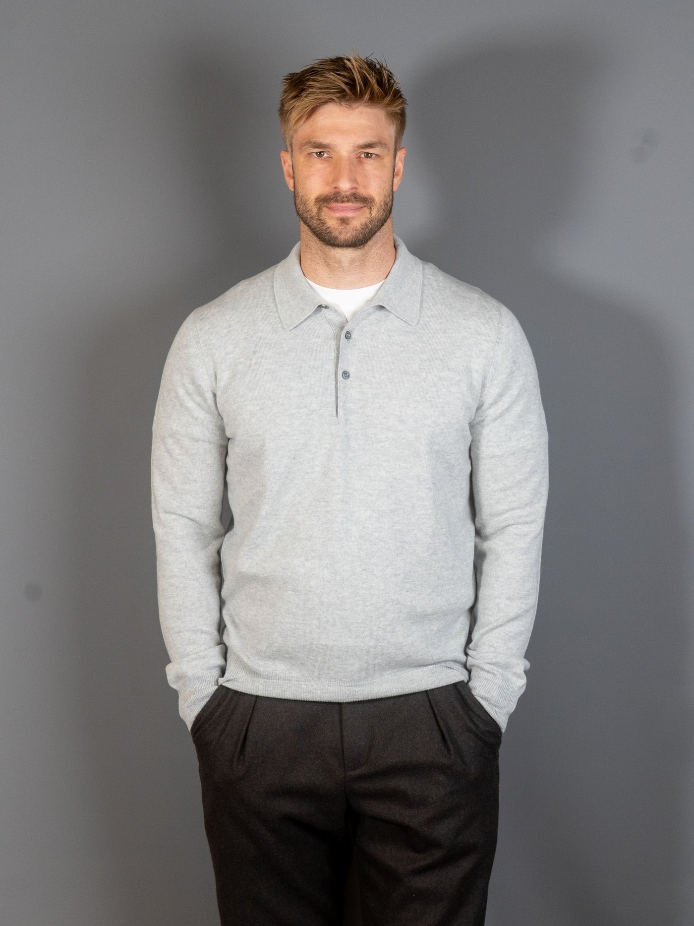 Longsleeve Knit Polo  - Grå