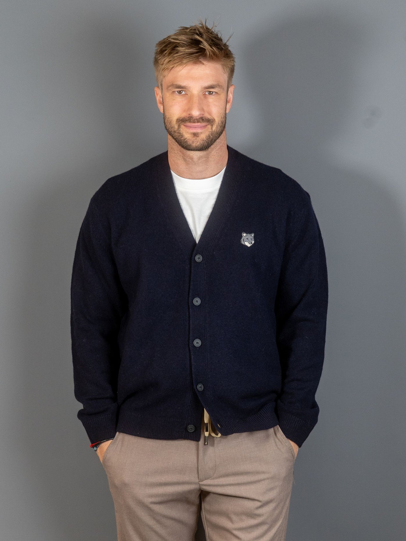 Fox Head Lambswool Comfort Cardigan - Navy