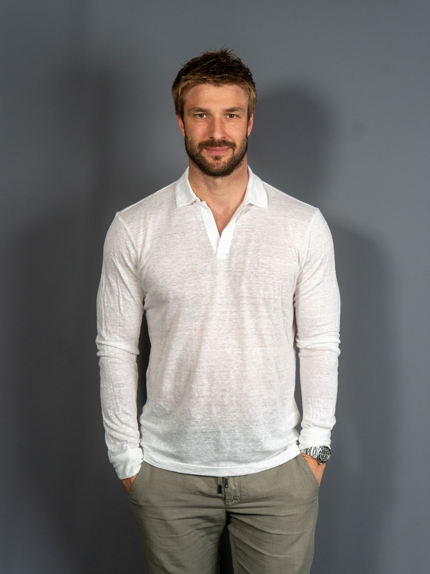 Long Sleeve Linen Polo - Hvid
