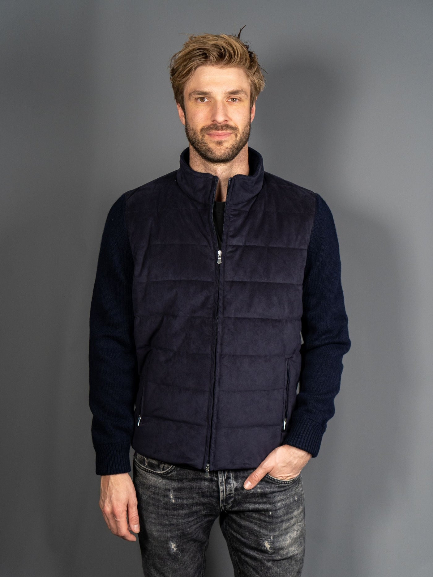 Padded Alcantara Hybrid Jacket - Navy