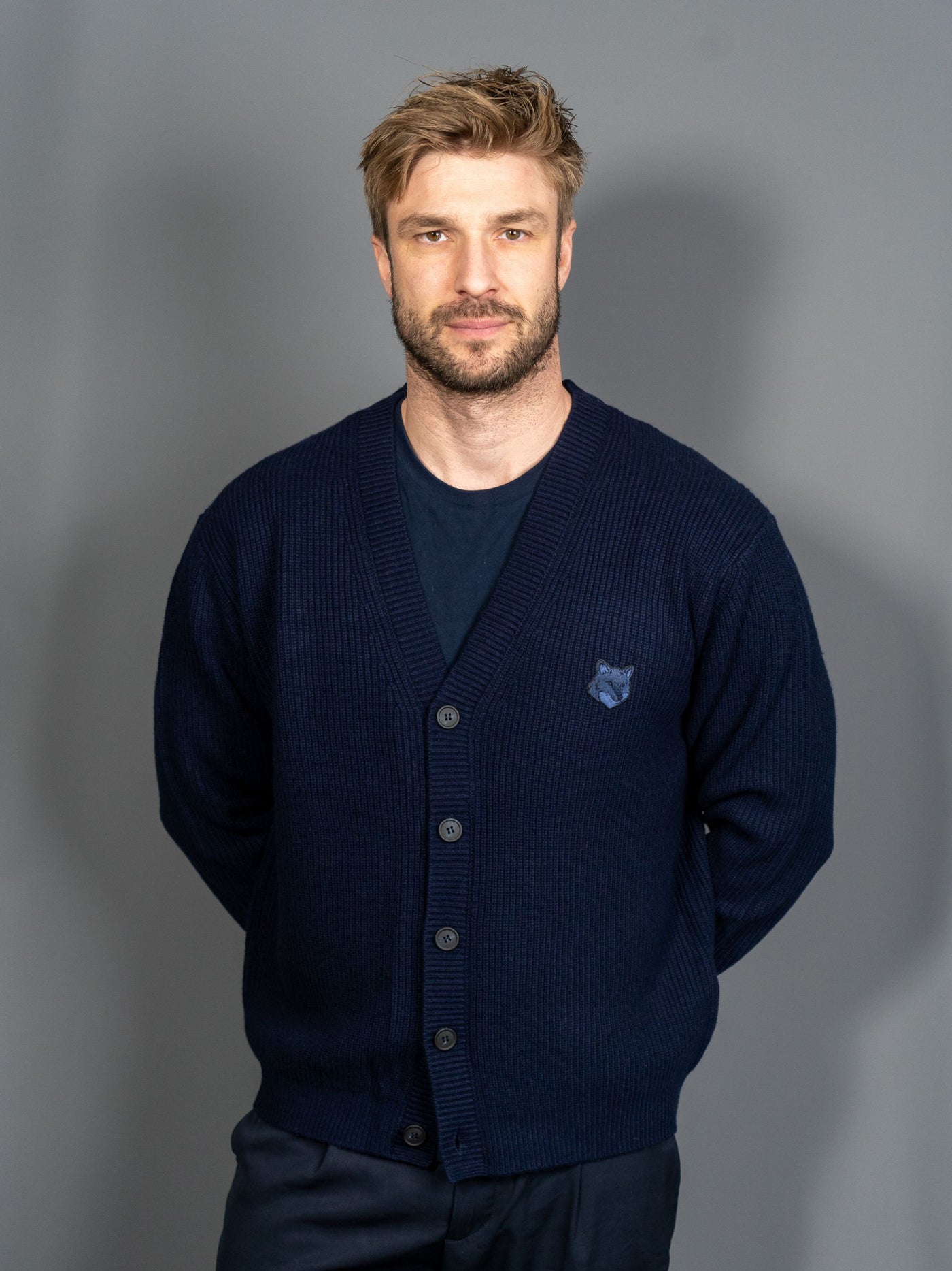 Bold Fox Head Patch Comfort Ribbed Cardigan - Navy