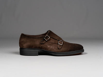 Suede Brown Leather Double-Buckle Shoe - Brun