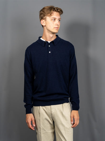 Cashmere Silk Long Sleeve Polo - Blå