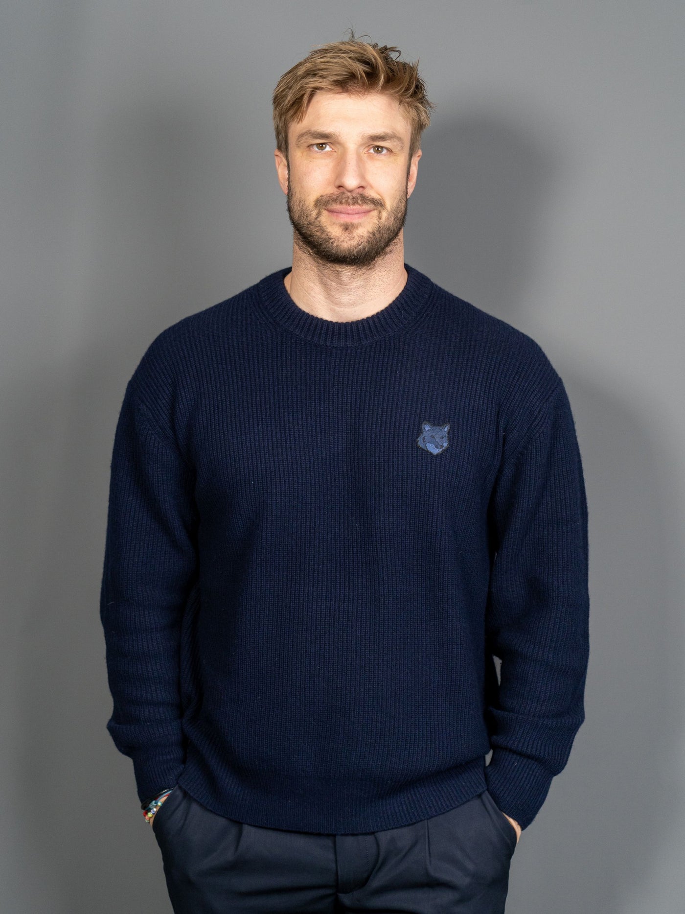 Bold Fox Head Patch Comfort Ribbed Jumper - Navy