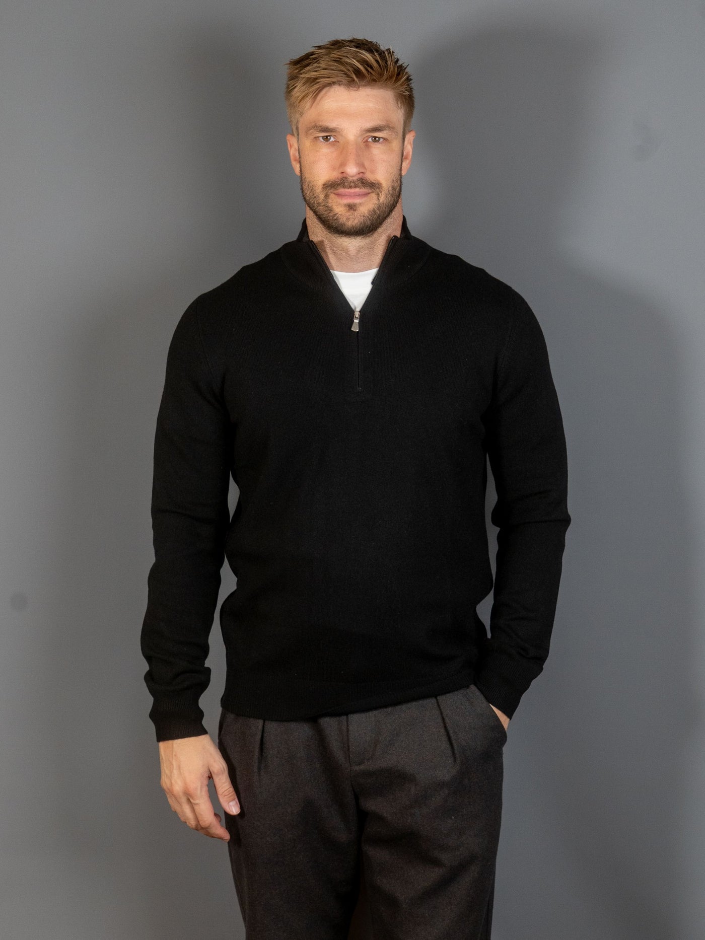 Half Zip Wool Cashmere - Sort