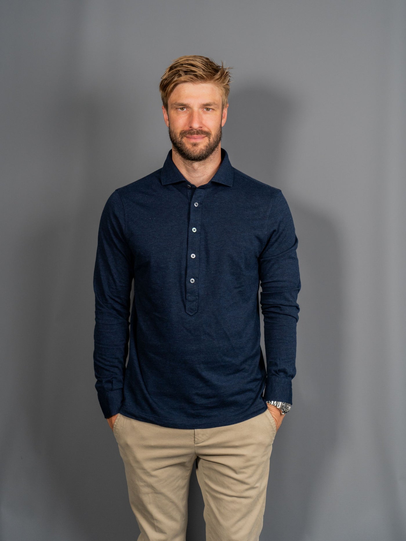 Cotton Cashmere Popover Shirt - Navy