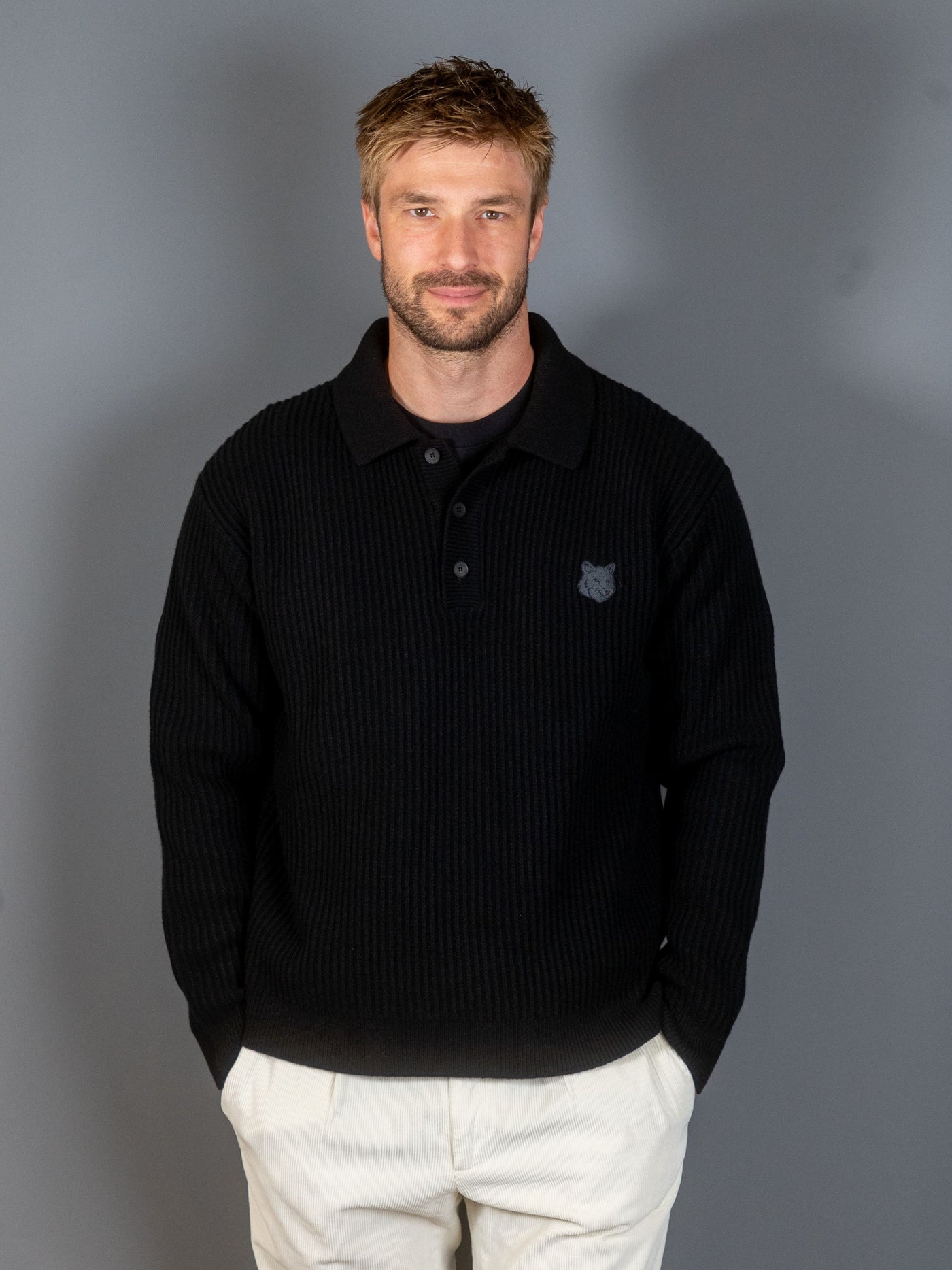 Fox Head Wool Ribbed Polo Jumper - Sort