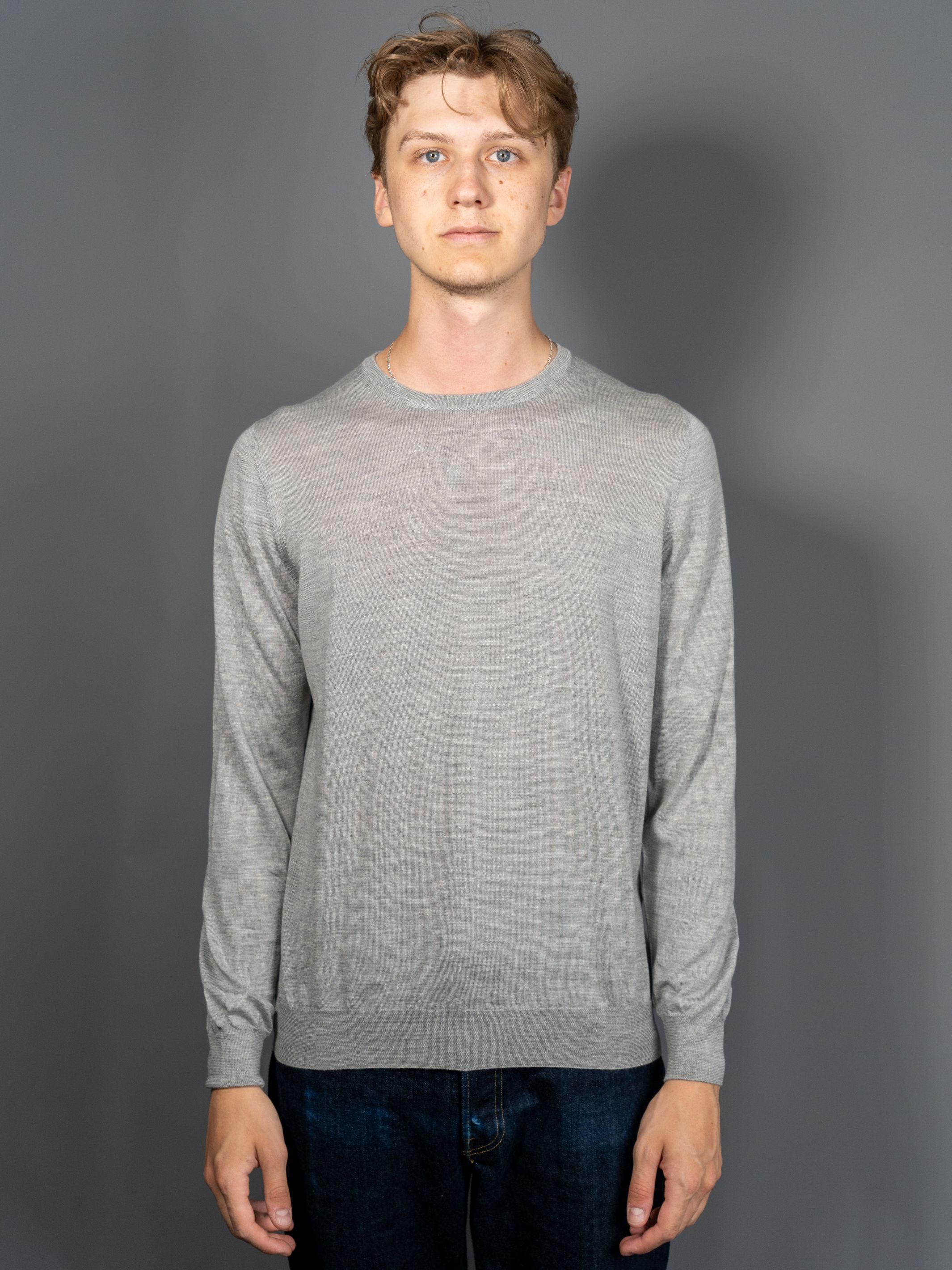 Wool Silk C-Neck Sweater - Lysegrå