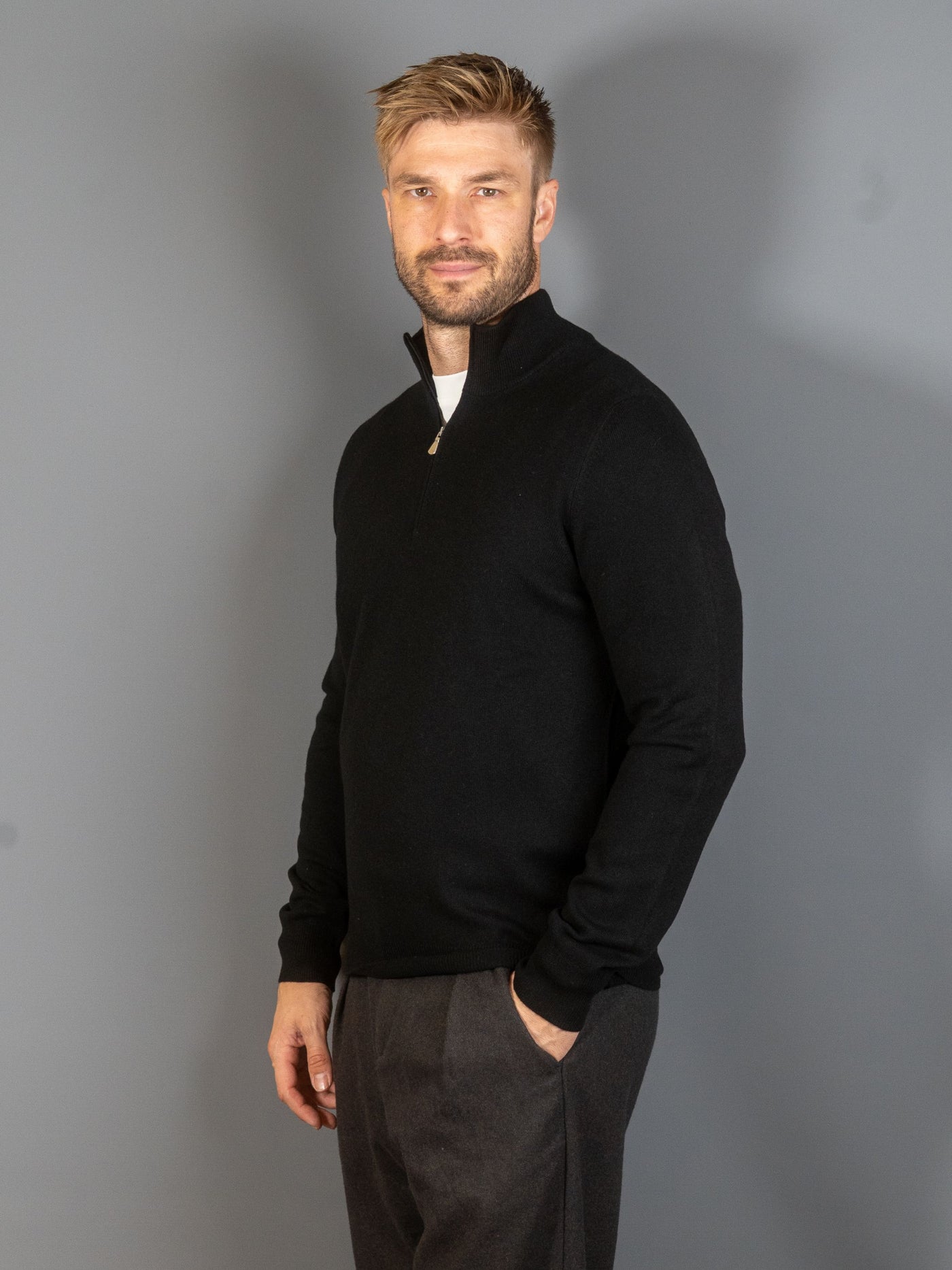 Half Zip Wool Cashmere - Sort