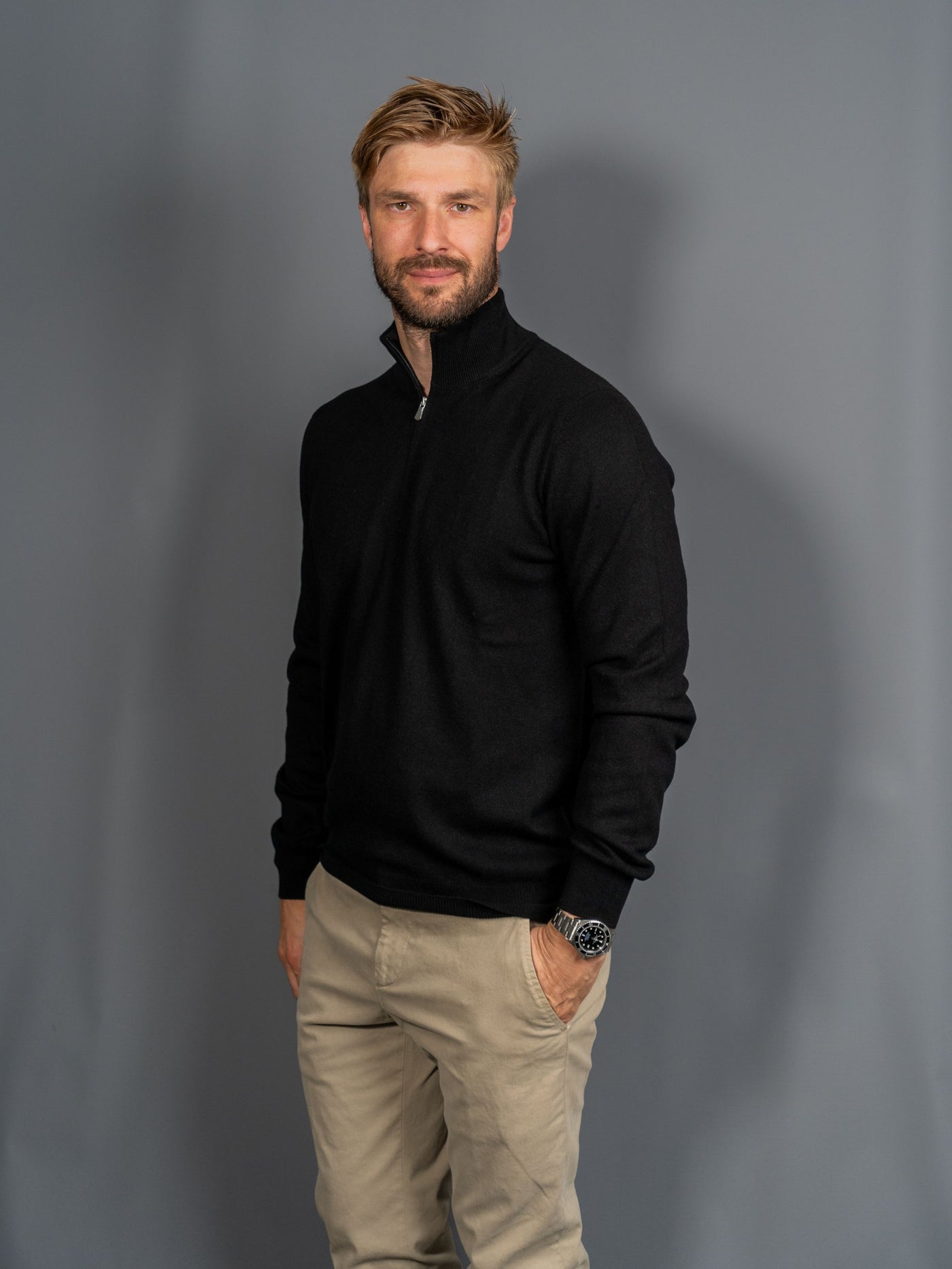 Half Zip Wool Cashmere - Sort