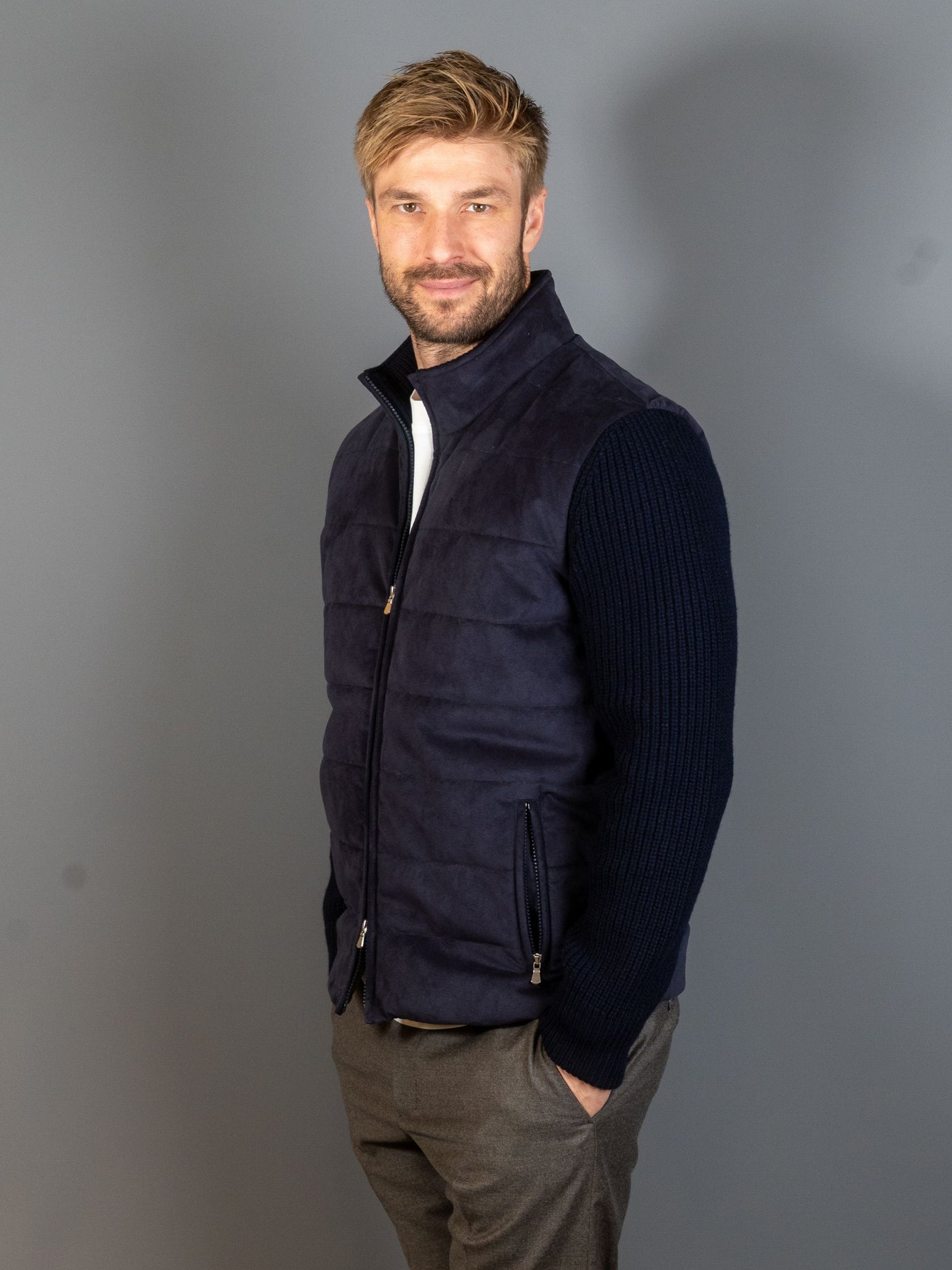 Padded Alcantara Hybrid Jacket - Navy