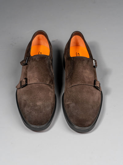 Suede Brown Leather Double-Buckle Shoe - Brun