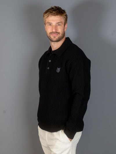 Fox Head Wool Ribbed Polo Jumper - Sort