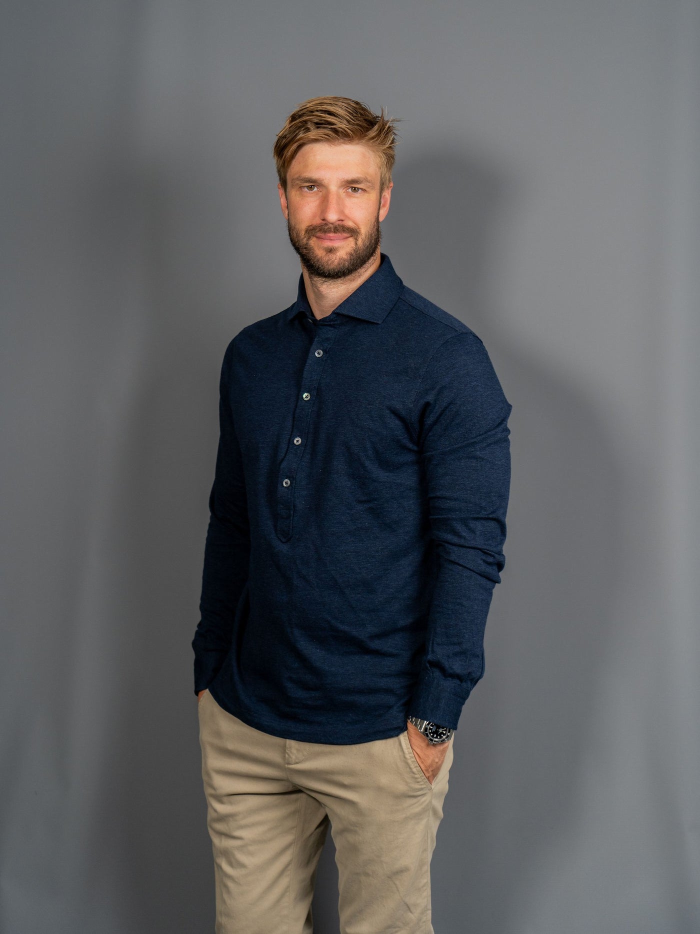 Cotton Cashmere Popover Shirt - Navy