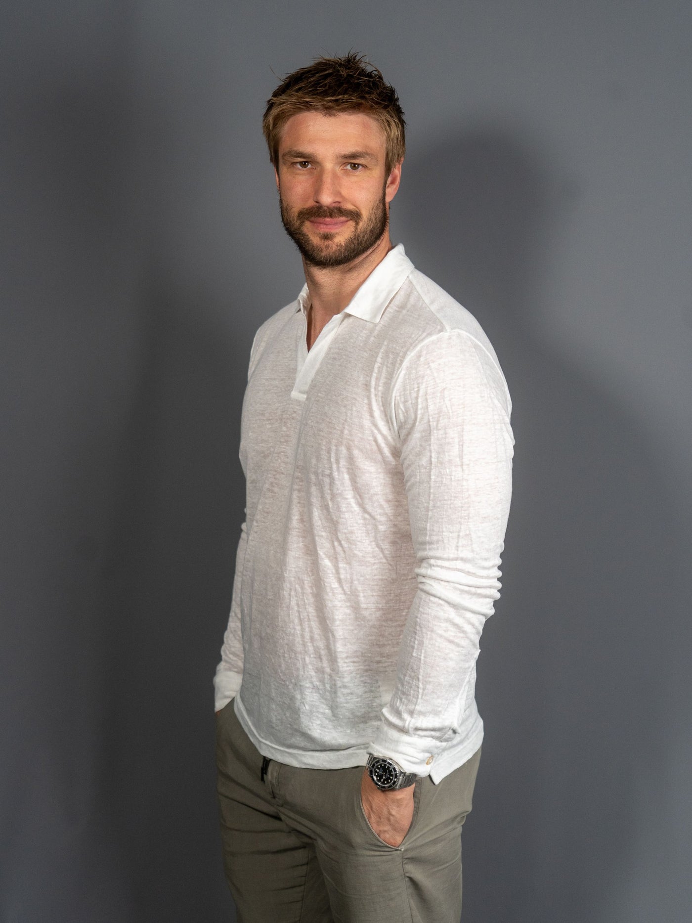 Long Sleeve Linen Polo - Hvid
