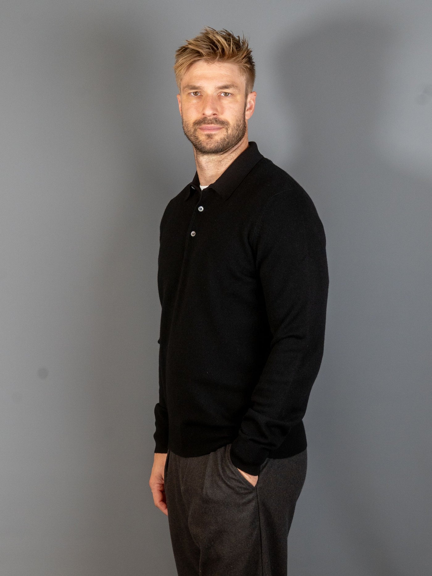 Longsleeve Knit Polo - Sort