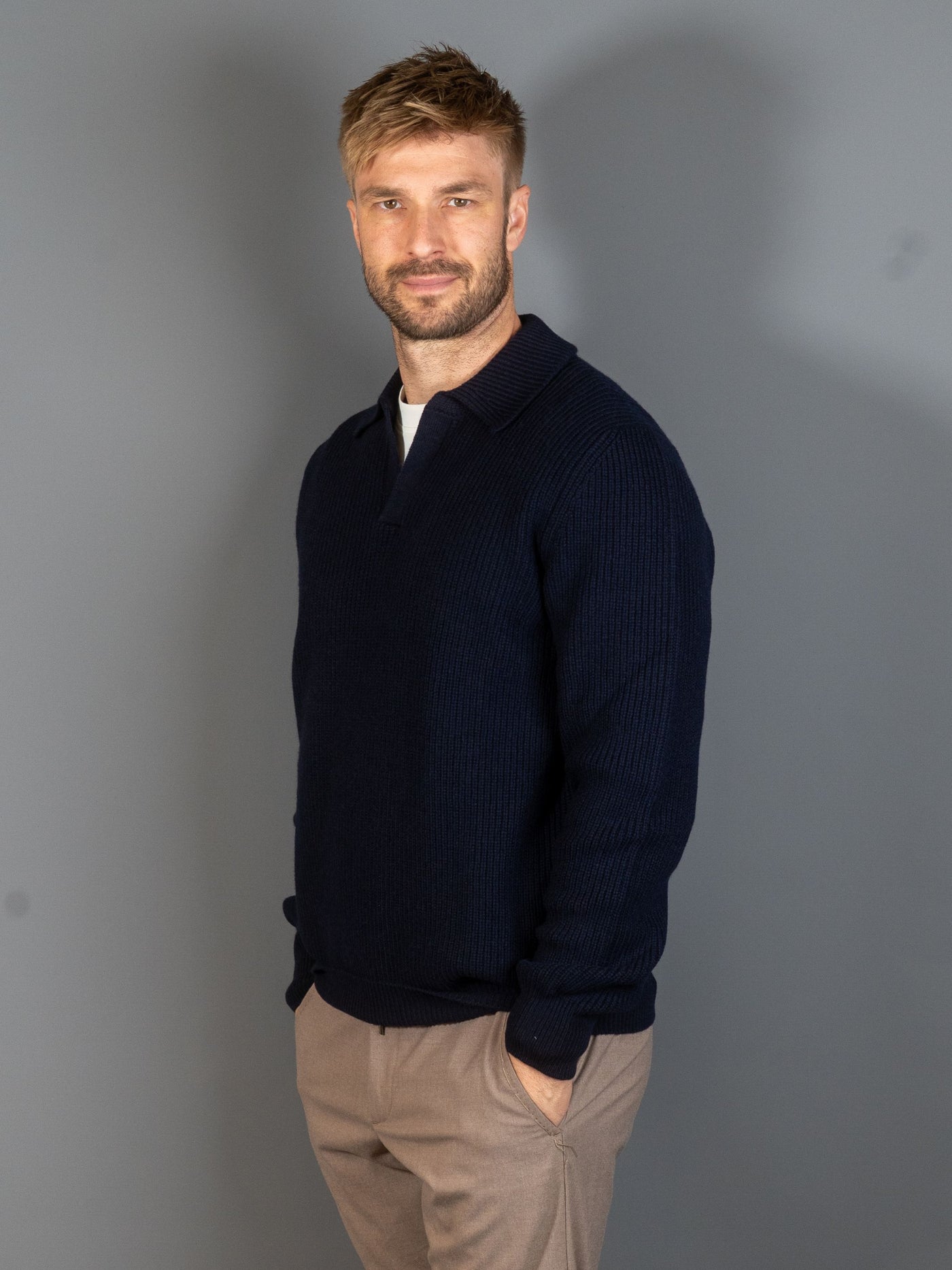 Rib Knit Skipper Polo Wool - Navy