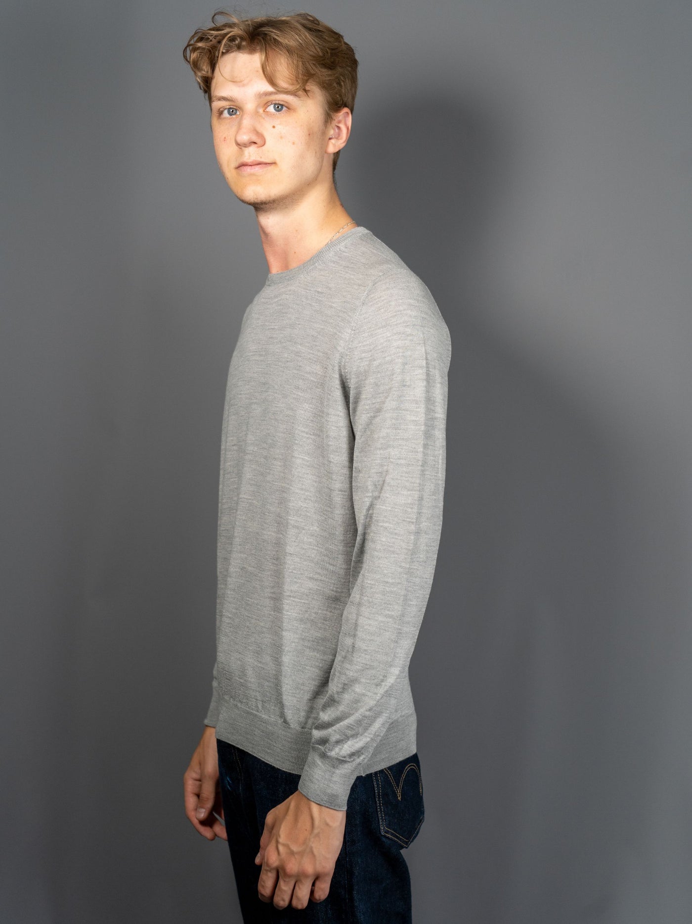 Wool Silk C-Neck Sweater - Lysegrå