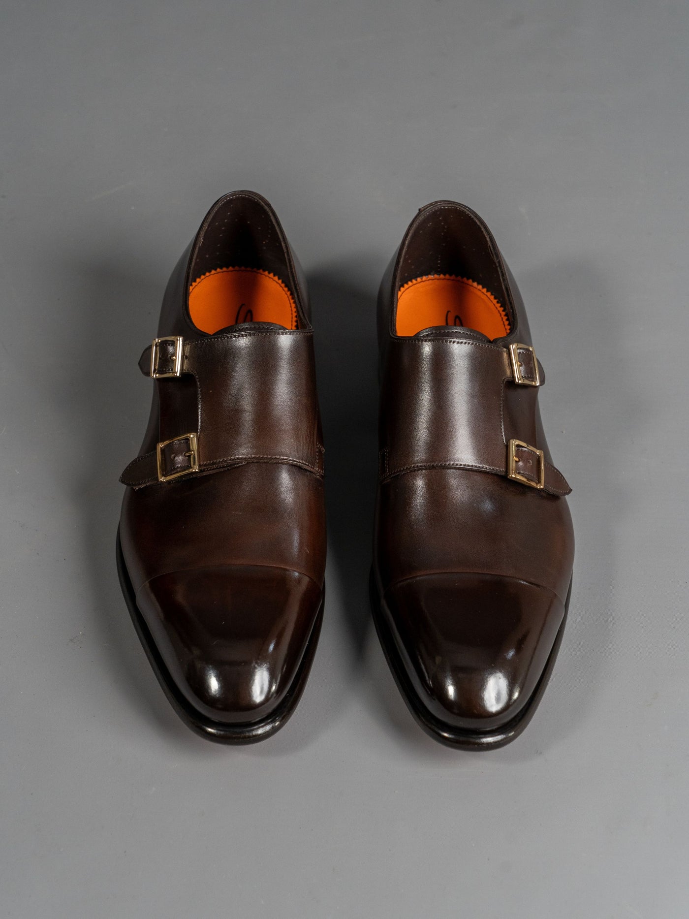 Polished Brown Leather Double-Buckle Shoe - Brun