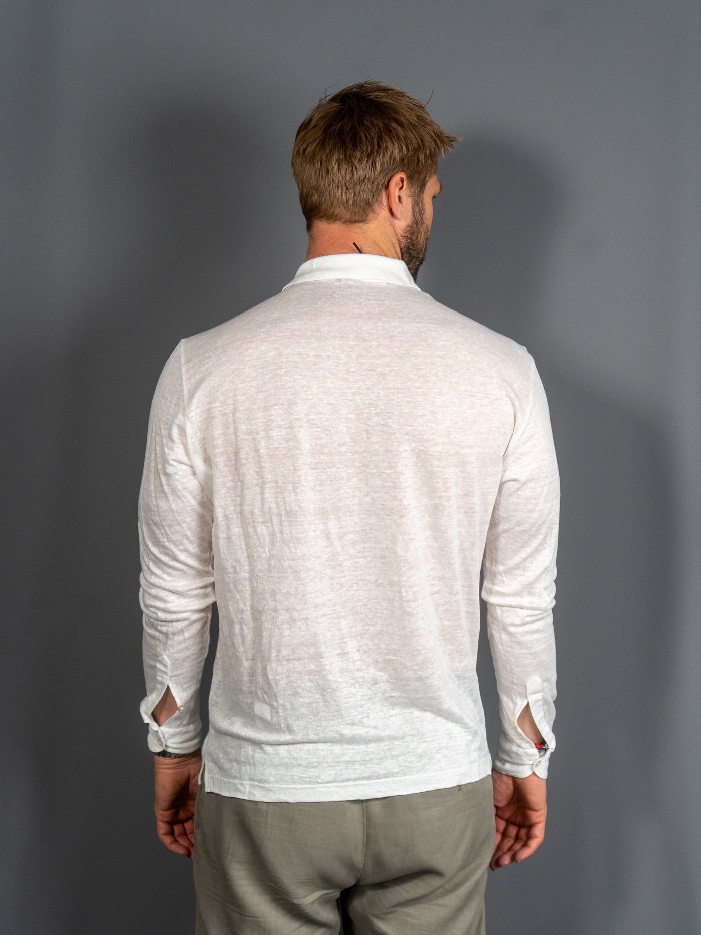 Long Sleeve Linen Polo - Hvid