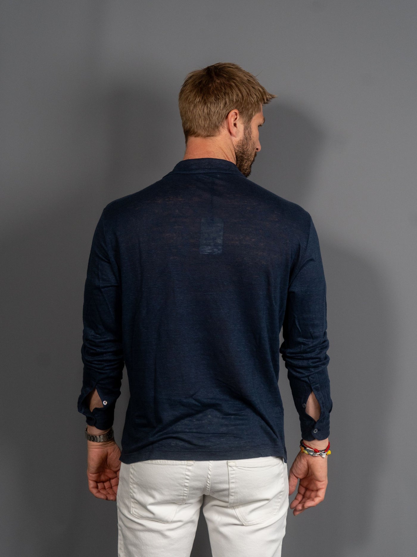 Long Sleeve Linen Polo - Blå