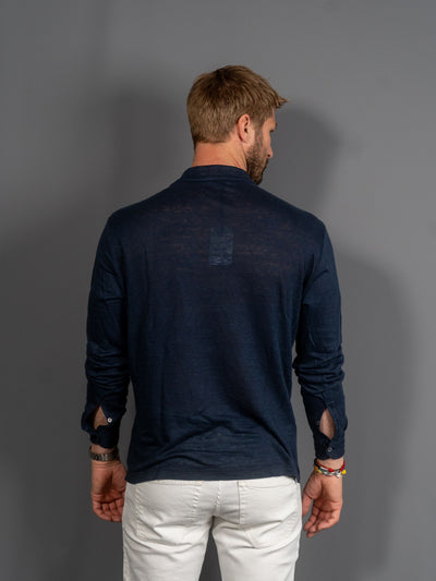 Long Sleeve Linen Polo - Blå