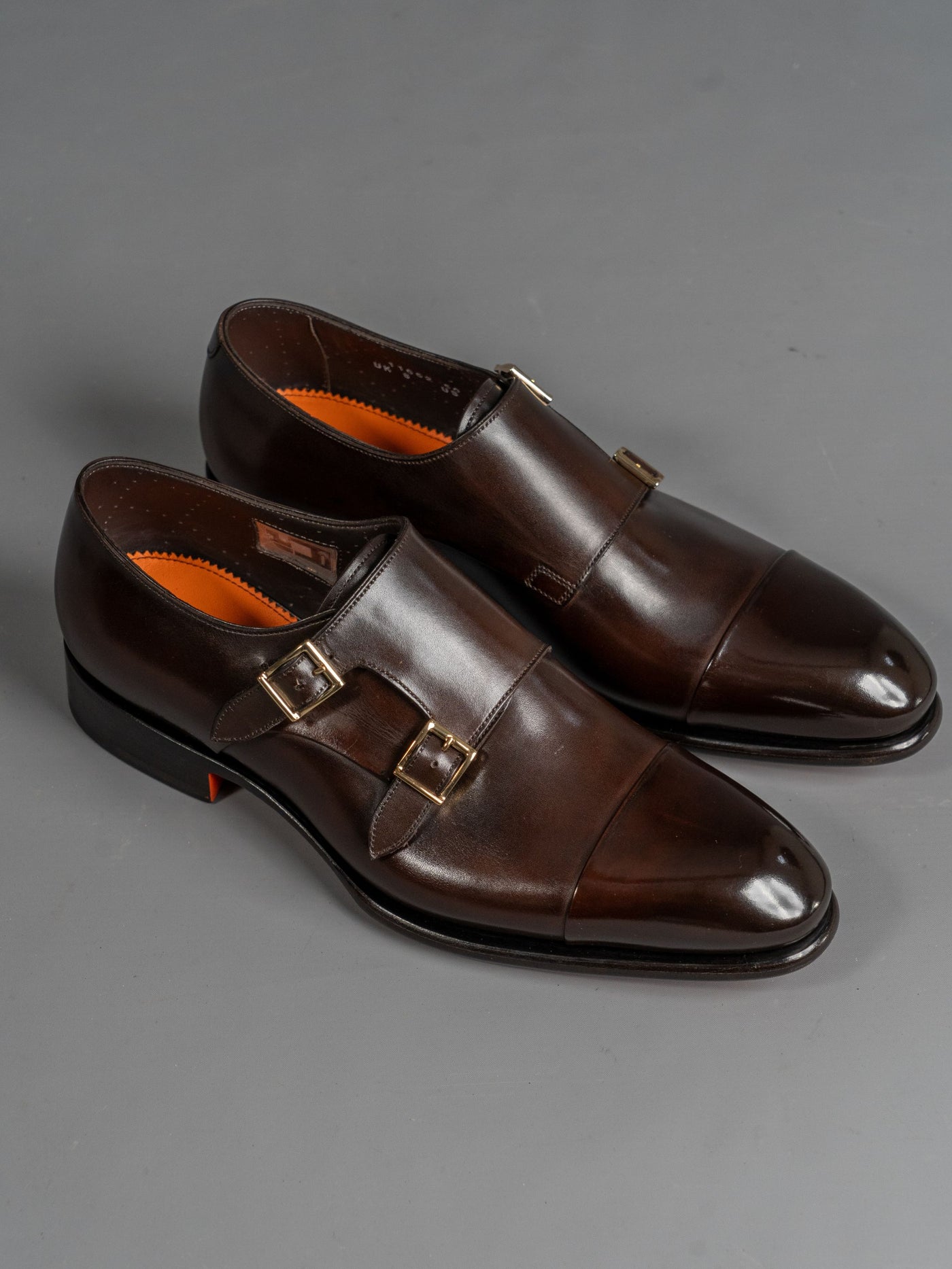 Polished Brown Leather Double-Buckle Shoe - Brun