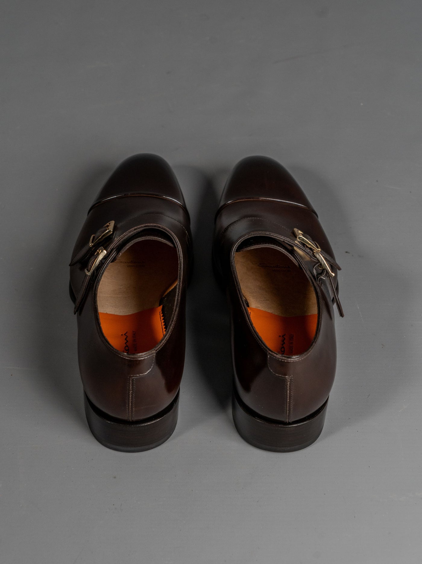 Polished Brown Leather Double-Buckle Shoe - Brun