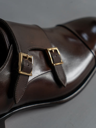 Polished Brown Leather Double-Buckle Shoe - Brun