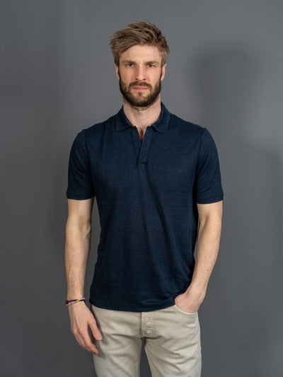 Linen Short Sleeve Polo - Blå