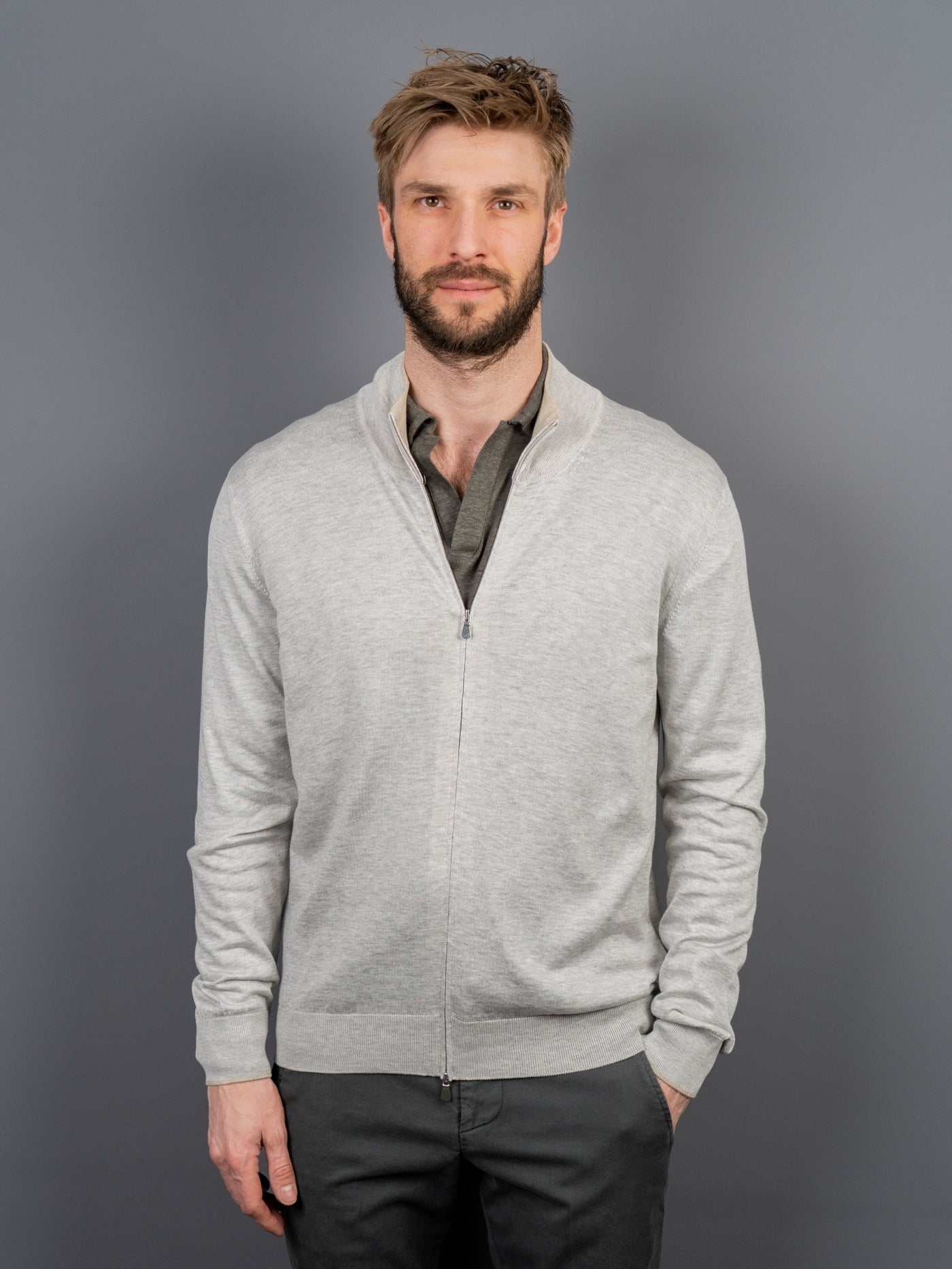 Silk Cotton Zip Sweater - Lysegrå