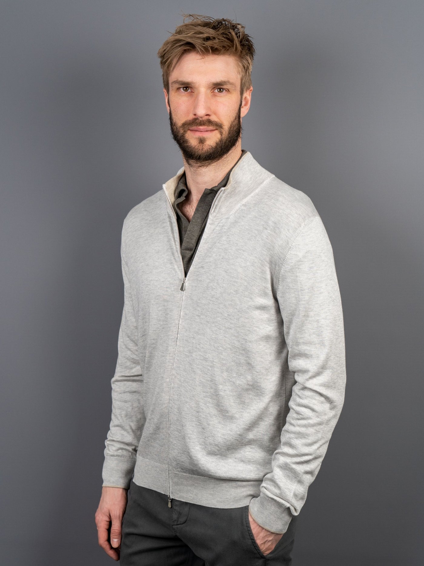 Silk Cotton Zip Sweater - Lysegrå