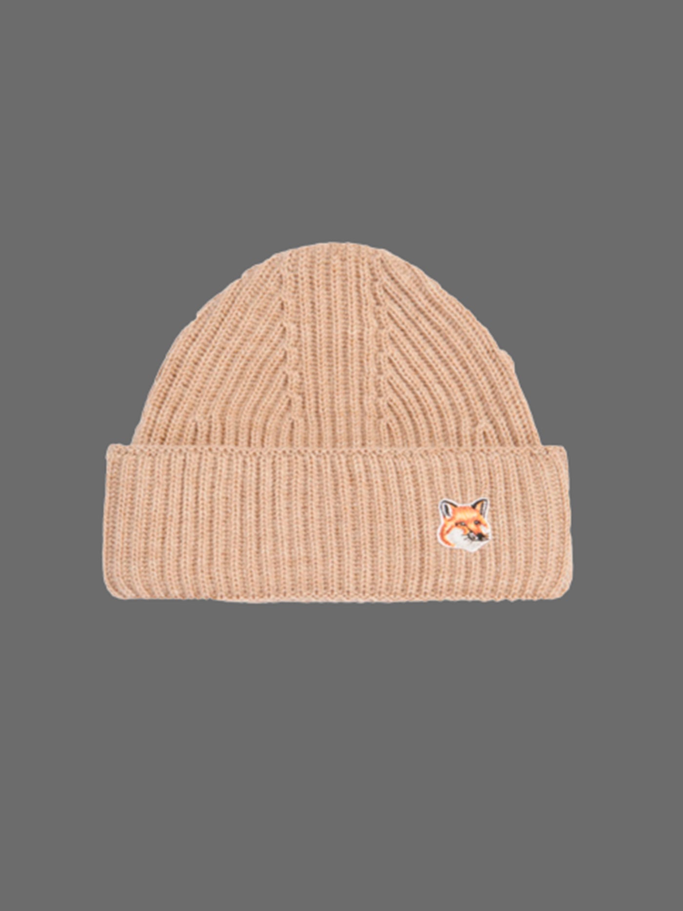 Fox Head Patch Ribbed Hat - Beige
