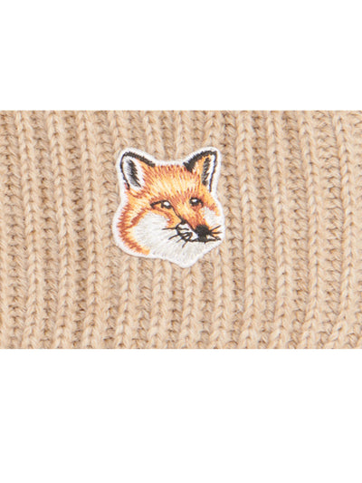 Fox Head Patch Ribbed Hat - Beige
